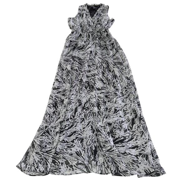 Maggy London Dress Womens 2 Black White Printed Maxi V Neck Stretch - Picture 2 of 9